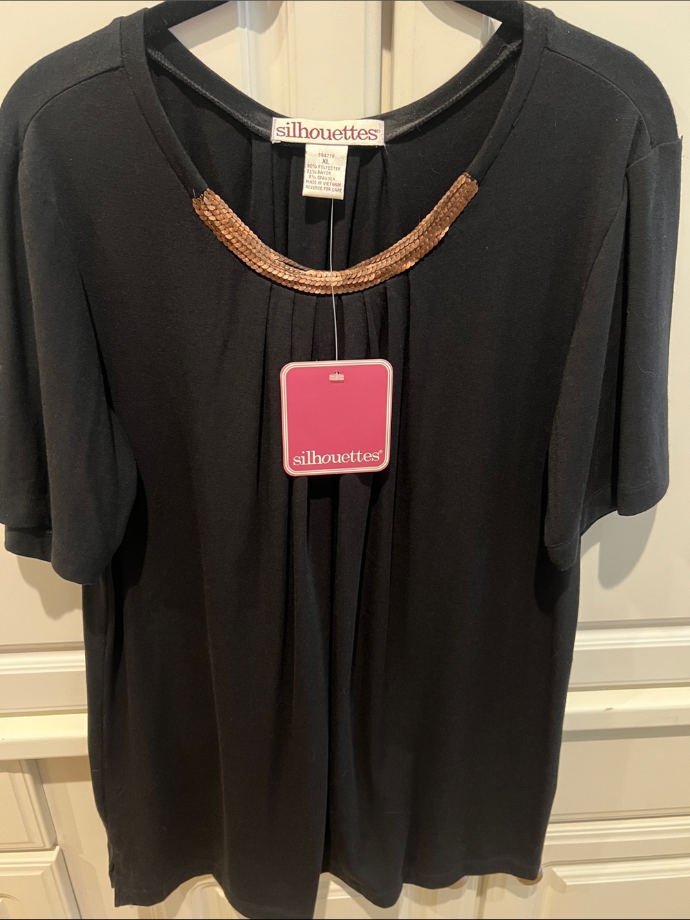 Silhouette Black Short-Sleeve Top with Gold Sequin Neckline